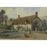 HARRY FRIER - WATERCOLOUR OF THATCHED COTTAGE WITH FIGURE, SIGNED AND DATED 1895 LOWER RIGHT, 35CM X