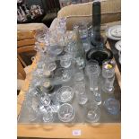 GLASS WARE, JUGS, BOWLS, CANDLE STICK HOLDERS, DRINKING GLASSES ETC.