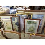 FRAMED AND GLAZED PICTURES AND PRINTS , INCLUDING WATERCOLOUR OF STREET SCENE.