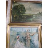 FRAMED OIL ON BOARD OF LADY AND GENT BY RIVERSIDE, TOGETHER WITH A FRAMED PRINT OF BOATS ON RIVER.