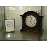 AN OAK MOUNTED MANTEL CLOCK WITH FRENCH MOVEMENT, TOGETHER WITH A HEALS OF LONDON QUARTZ MANTEL