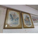 PAIR OF FRAMED AND GLAZED COLOURED PRINTS OF MILITARY DRUMMERS ON HORSEBACK.