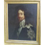 OIL ON CANVAS PORTRAIT OF CHARLES I IN A GILT FRAME, THE BACK OF THE CANVAS MARKED: 'KING CHARLES