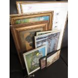 SELECTION OF FRAMED PICTURES AND PRINTS , TOGETHER WITH TWO SETS OF SPANISH STAMPS