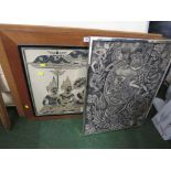 FRAMED BALINESE PAINTING ON BOARD OF COUNTRYSIDE FARMING TOGETHER WITH TWO FAR EASTERN PICTURES.