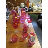 SELECTION OF CRANBERRY GLASS INCLUDING STEM DRINKING GLASSES SCENT BOTTLE , TOGETHER WITH LEAD