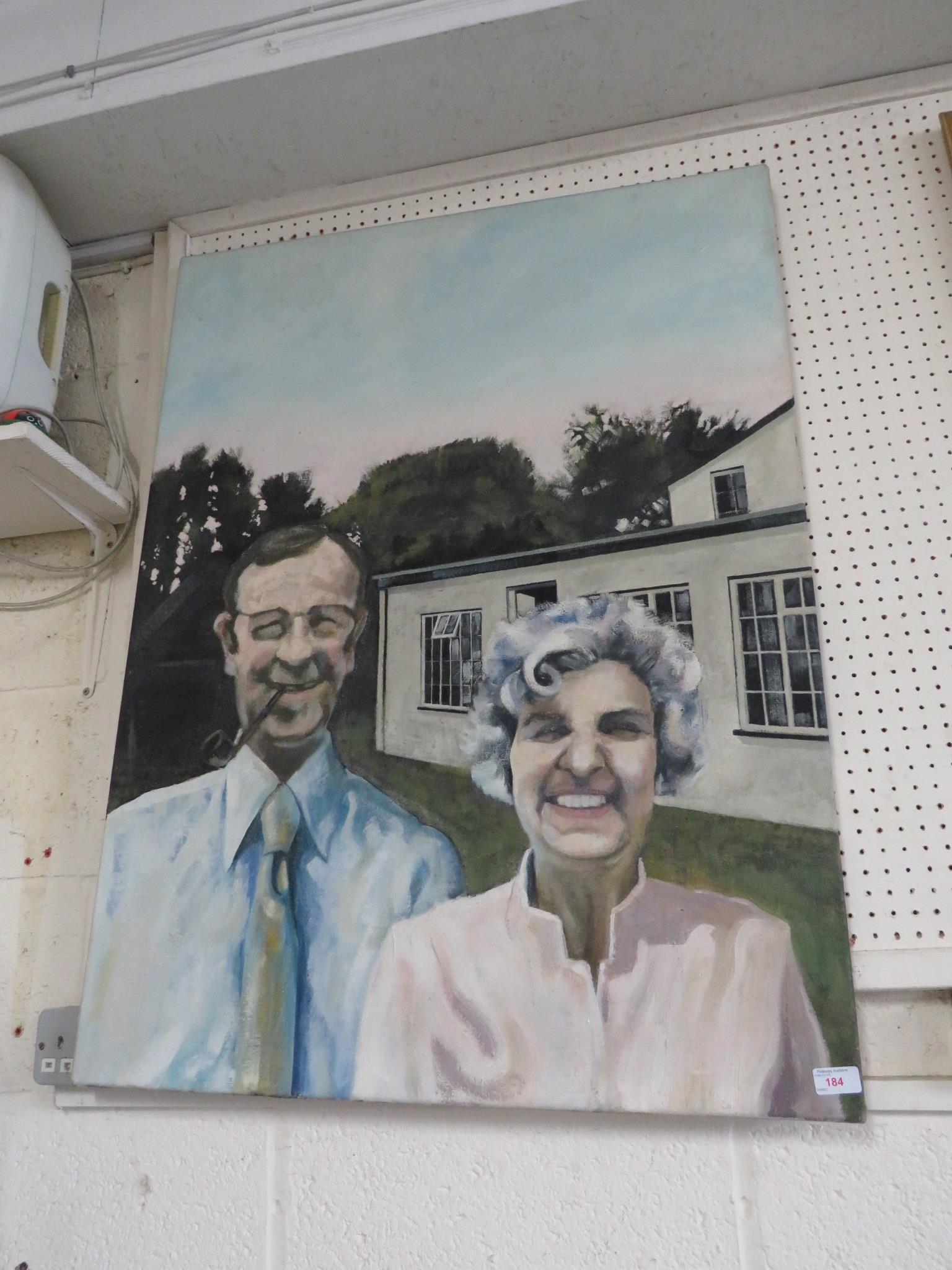 LARGE FRAME LESS CANVAS PAINTING OF LADY AND GENT IN THE STYLE OF AMERICAN GOTHIC.