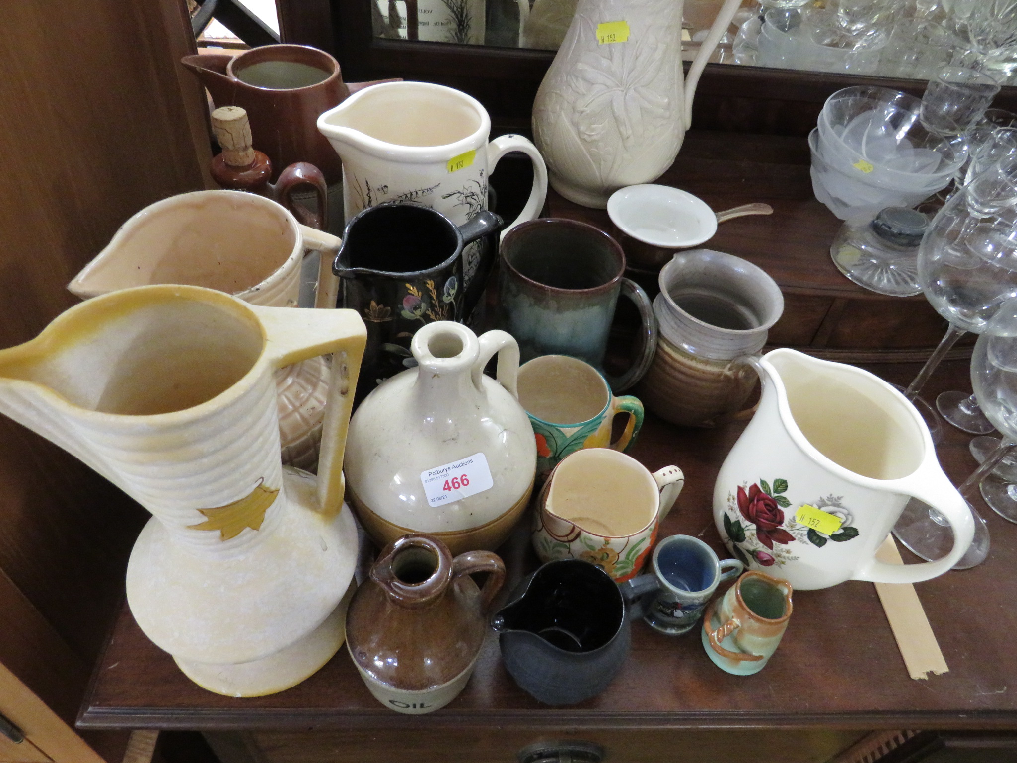 SELECTION OF CHINA AND STONEWARE JUGS , POTTERY TANKARD AND OTHER ITEMS.