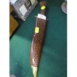 INDIAN KNIFE WITH CARVED WOODEN HANDLE, SCABBARD AND BRASS MOUNTS (POSTAGE AND PACKING NOT AVAILABLE