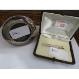 SMALL SILVER CLAD CIRCULAR PHOTOGRAPH FRAME (DIAMETER 6.5 CM) WITH PRESENTATION ENGRAVING; AND A 925