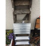 SMALL WOODEN STEPLADDER AND TWO TREAD ALUMINIUM STEPS