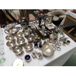 SILVER-PLATED BOWLS, SAUCE BOATS, TABLE LAMP (REQUIRES REWIRING), PLATED CUTLERY, CRUET SET AND