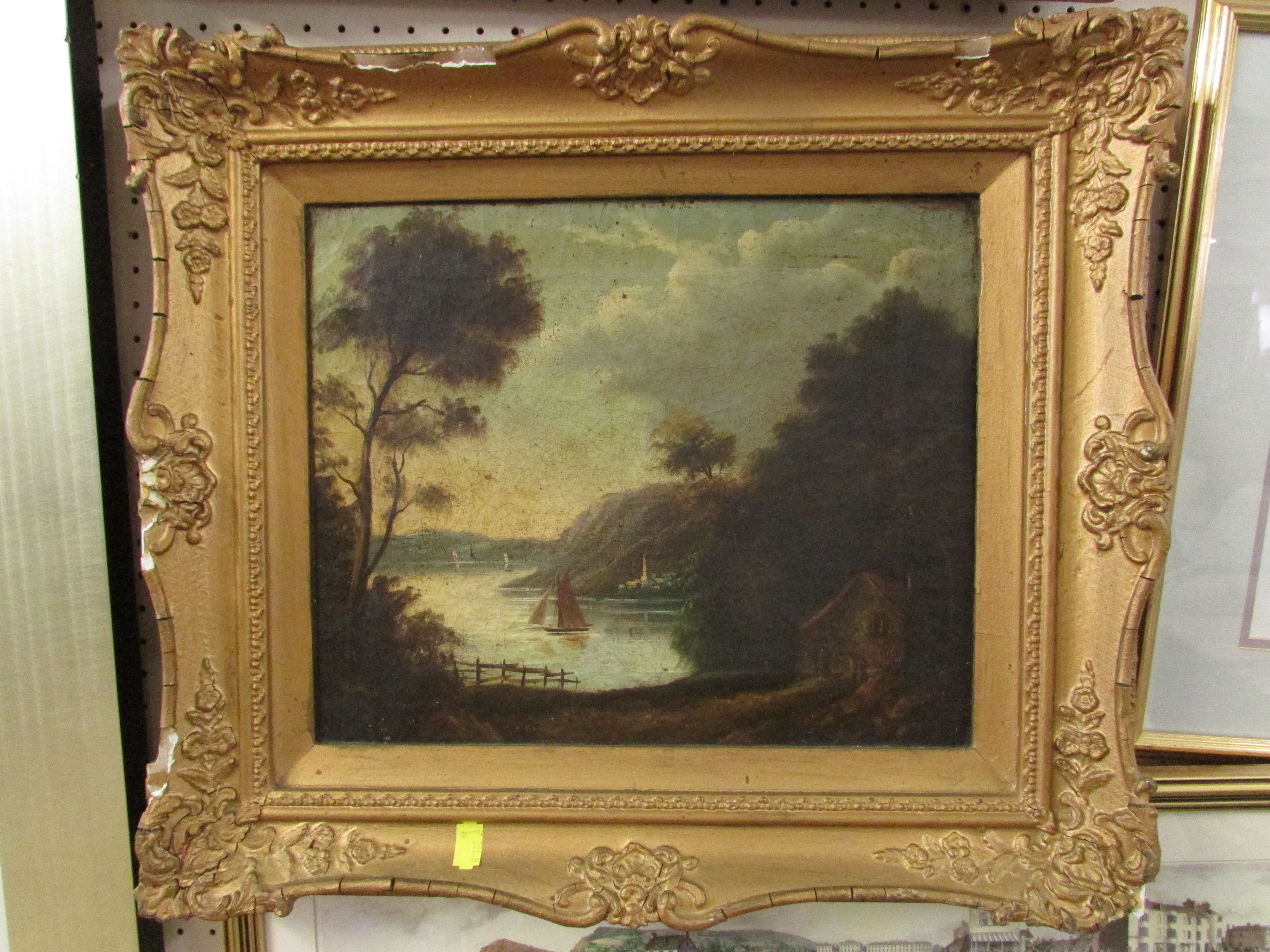 19TH CENTURY OIL ON CANVAS OF LAKE SCENE WITH FISHERMAN, AND ANOTHER OF LAKE SCENE WITH COTTAGE - Image 2 of 6