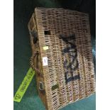 SMALL WICKER PICNIC HAMPER WITH CONTENTS.