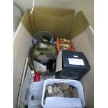 TINS WITH CONTENTS OF PRE-DECIMAL COINS MAINLY VICTORIAN PENNIES, AND A SMALL QUANTITY OF WORLD