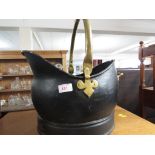 BLACK PAINTED COAL SCUTTLE WITH BRASS HANDLES.