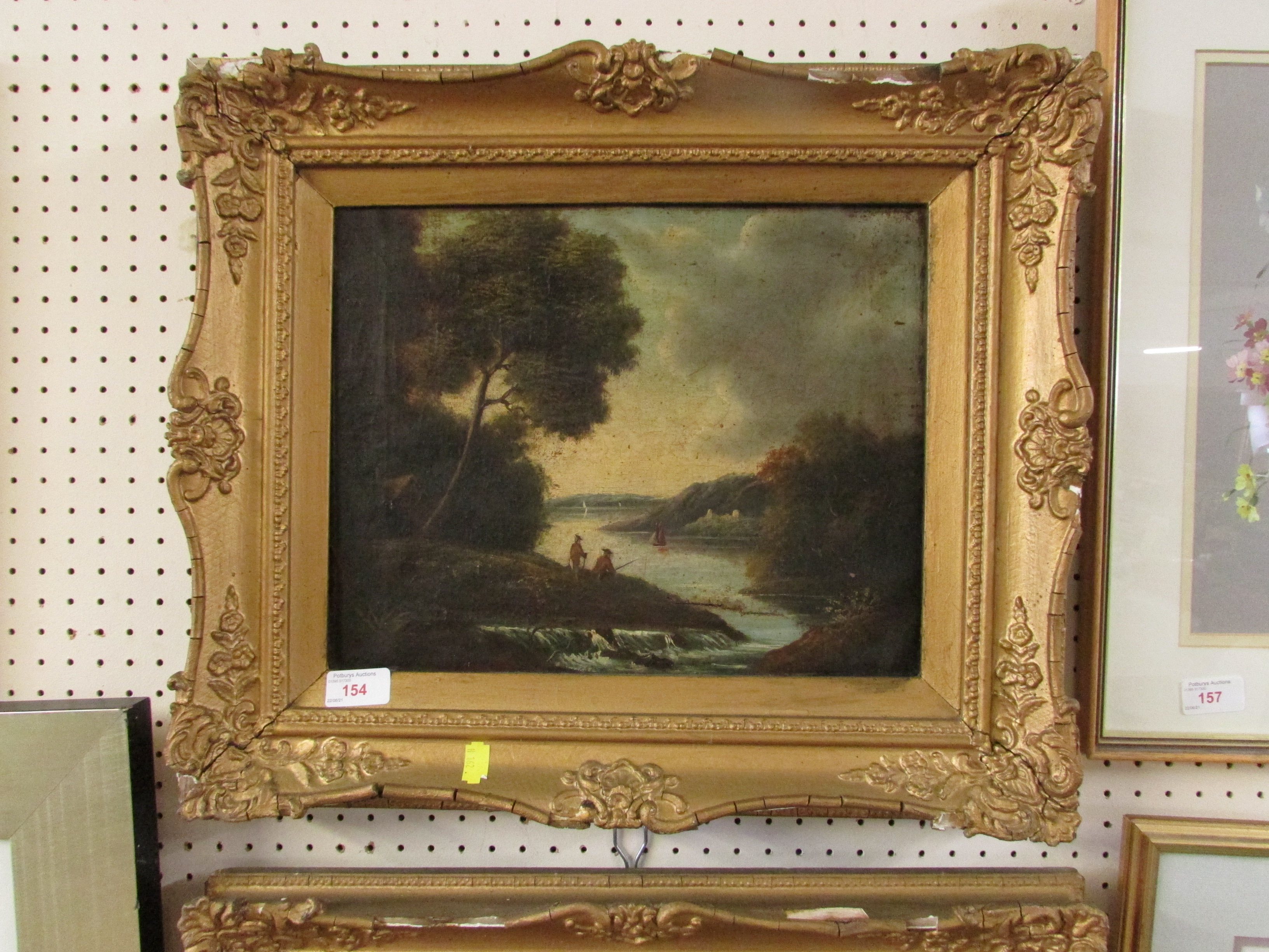 19TH CENTURY OIL ON CANVAS OF LAKE SCENE WITH FISHERMAN, AND ANOTHER OF LAKE SCENE WITH COTTAGE - Image 3 of 6