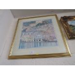 FRAMED AND GLAZED COLOURED PRINT OF TROPICAL BUILDINGS.