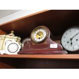 FOUR ASSORTED MANTEL CLOCKS INCLUDING AN ENFIELD BAKELITE CASED CLOCK.