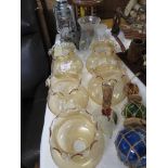 GLASS LIGHT SHADES, HURRICANE LAMP, OIL LAMPS AND OTHER ITEMS.