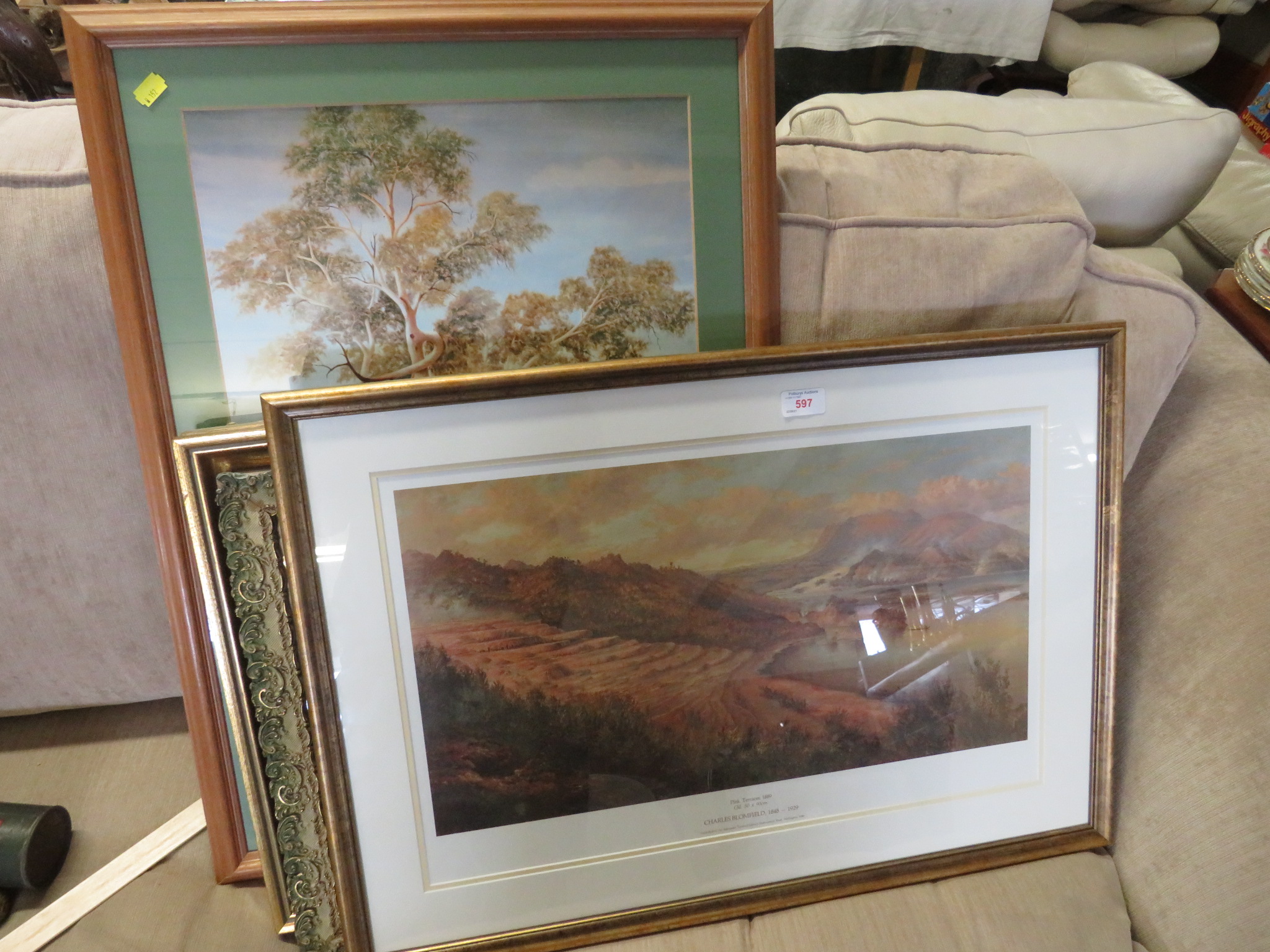 FOUR LARGE FRAMED AND GLAZED PRINTS INCLUDING PINK TERRACES AFTER CHARLES BLOMFIELD