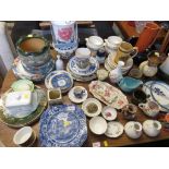 LARGE SELECTION OF HOUSEHOLD AND CHINA INCLUDING PLATES , CAKE STAND , PLANTERS AND OTHER ITEMS.