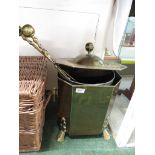 ART DECO STYLE OCTAGONAL BRASS COAL BOX WITH REMOVABLE LINER , TOGETHER WITH TWO BRASS FIRESIDE