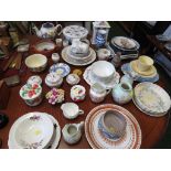 DECORATIVE CHINA INCLUDING MANTEL CLOCK , VASES, DRESSING TABLE JARS, TOGETHER WITH A QUANTITY OF