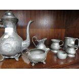 PEWTER TEA SET, TANKARDS, ETC