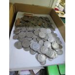 BOX OF ASSORTED COINS, MAINLY GEORGE VI HALF CROWNS, SHILLINGS ETC