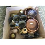 BOX OF ASSORTED METAL AND TREEN WARE INCLUDING A BRASS INK WELL , CARVED WOODEN BOWLS ETC.