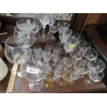 SELECTION OF STEM DRINKING GLASSES, INK WELL WITH PEWTER LID AND OTHER GLASS WARE.