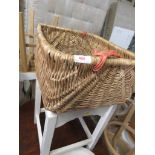 WICKER BASKET TOGETHER WITH A PAINTED STOOL.