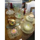 MIXED HOUSEHOLD AND DECORATIVE GLASS INCLUDING BOWLS , VASES, JUG SERVING DISH WITH COVER ETC.