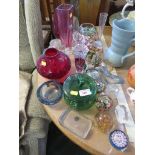 DECORATIVE GLASS INCLUDING PAPERWEIGHTS, VASES, ASH TRAY AND OTHER ITEMS.