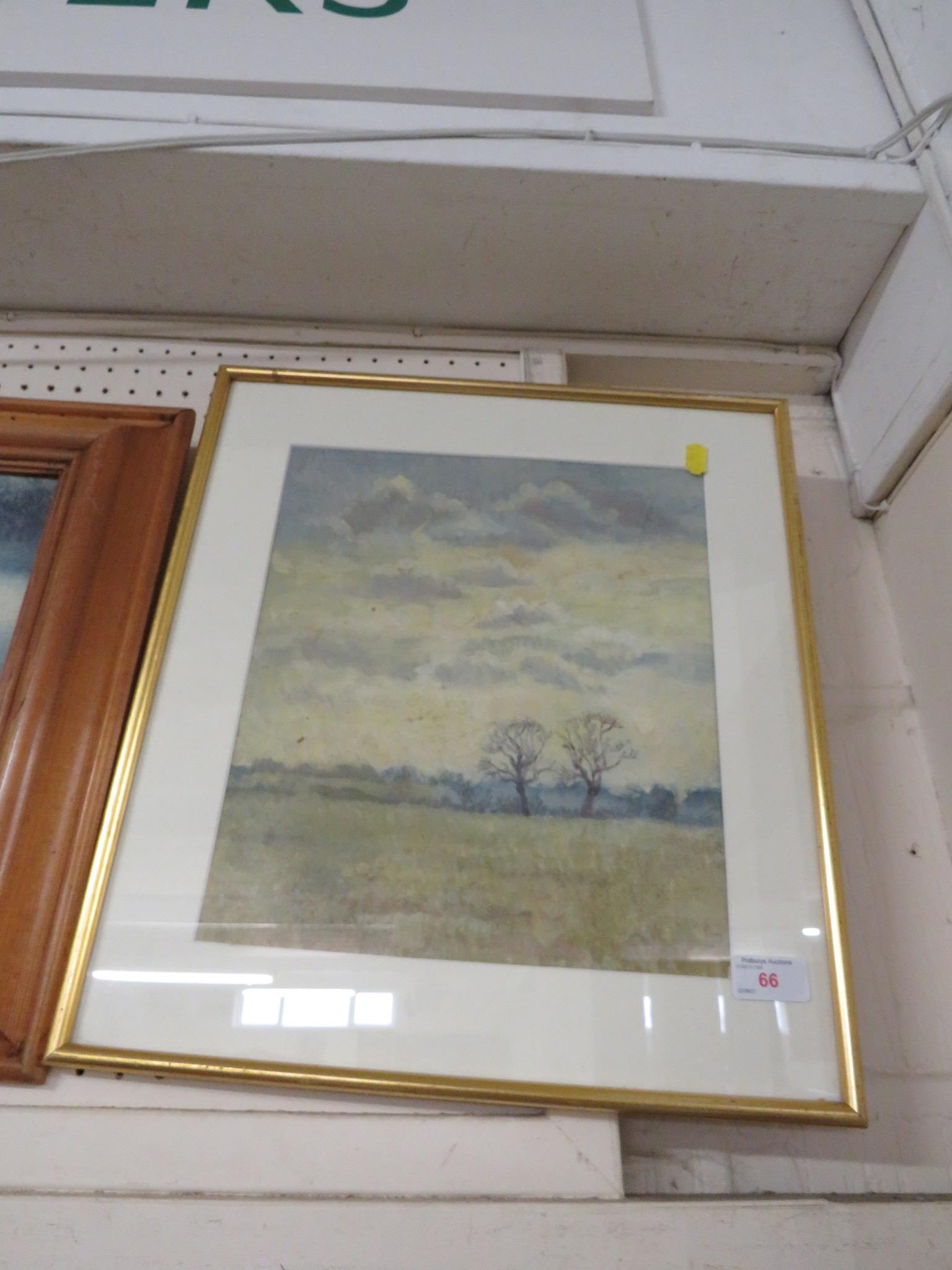 FRAMED AND GLAZED PAINTING OF TREES AND LANDSCAPE.