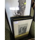 FOUR FRAMED AND GLAZED ENGRAVINGS INCLUDING WEST MINISTER ABBEY AND CANTERBURY SCENES. (AF)