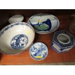 SMALL SELECTION OF FAR EASTERN CERAMICS, INCLUDING BLUE AND WHITE PATTERN BOWL AND INCENSE