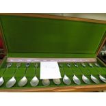 CASED SET OF ROYAL HORTICULTURAL SOCIETY TWELVE HALLMARKED SILVER SPOONS INSET WITH DECORATIVE
