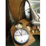 BRASS EFFECT DESK LAMP AND A WESTCLOX WALL CLOCK.