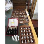 COLLECTION OF TEA SPOONS , CHINA THIMBLES , CASED SET OF SILVER PLATED COFFEE SPOONS TOGETHER WITH