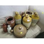 SELECTION OF STONEWARE INCLUDING THREE STONEWARE FLAGONS WITH IMPRESSED AND IMPRINTED LABELLING, TWO