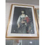 LARGE FRAMED AND GLAZED PRINT OF GIRL WITH FLOWERS.