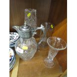 CUT GLASS CLARET JUG WITH SILVER-PLATED HANDLE, WATERFORD CRYSTAL VASE, STUART CRYSTAL VASE AND