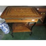 19TH CENTURY BANDED AND INLAID MAHOGANY LIFT TOP WORK TABLE WITH GILT BRASS MOULDINGS AND EBONISED