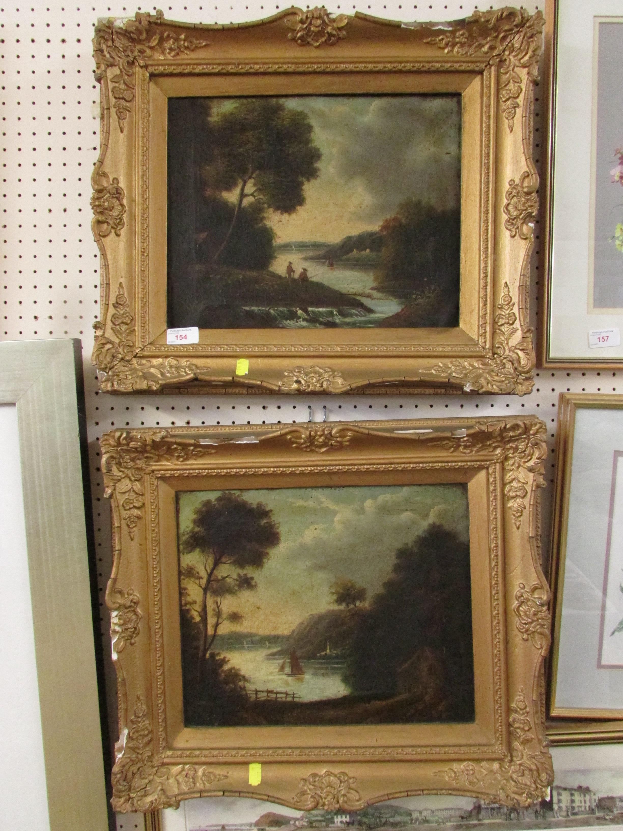 19TH CENTURY OIL ON CANVAS OF LAKE SCENE WITH FISHERMAN, AND ANOTHER OF LAKE SCENE WITH COTTAGE