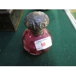ETCHED RUBY GLASS GLOBE SCENT BOTTLE WITH GLASS STOPPER AND SILVER MOUNTS