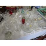 CUT GLASS BOWLS , PRESSED GLASS JUGS , DECANTER AND OTHER GLASS WARE.