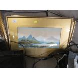 PAIR OF FRAMED AND GLAZED LANDSCAPE GOUACHE PAINTINGS OF MOUNTAINS AND LAKE BOTH SIGNED M FYFE