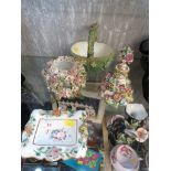 FIVE ITEMS OF DECORATIVE CHINA ENCRUSTED WITH FLOWERS INCLUDING STOPPERED SCENT BOTTLE, VASE AND